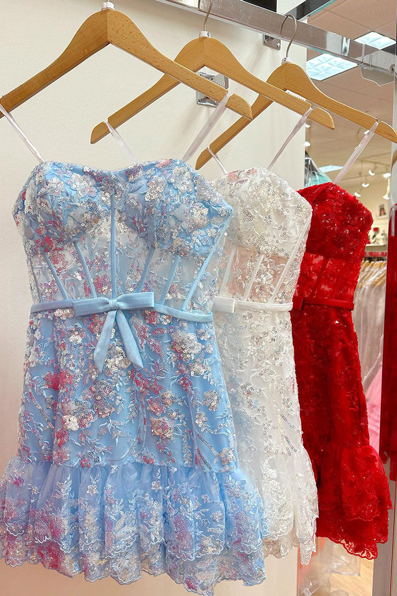 H5618 - Strapless Sequined Appliqued Sheer Tulle Sheath Mini Homecoming Dress