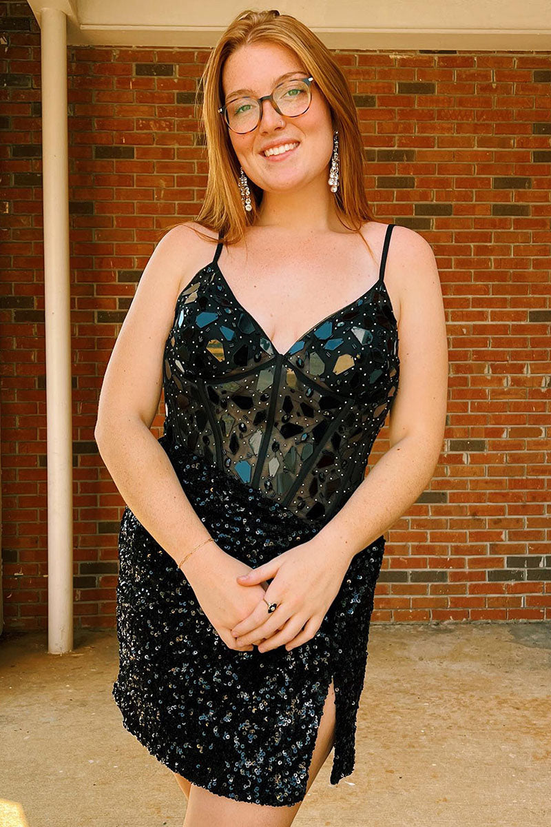 H5619 - V-Neck Spaghetti Straps Beaded Sequined Sheath Mini Homecoming Dress