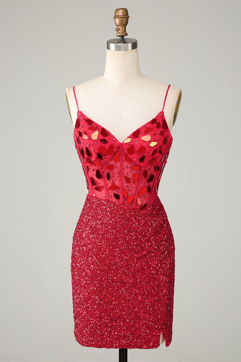 H5619 - V-Neck Spaghetti Straps Beaded Sequined Sheath Mini Homecoming Dress