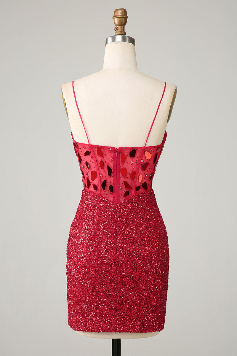 H5619 - V-Neck Spaghetti Straps Beaded Sequined Sheath Mini Homecoming Dress