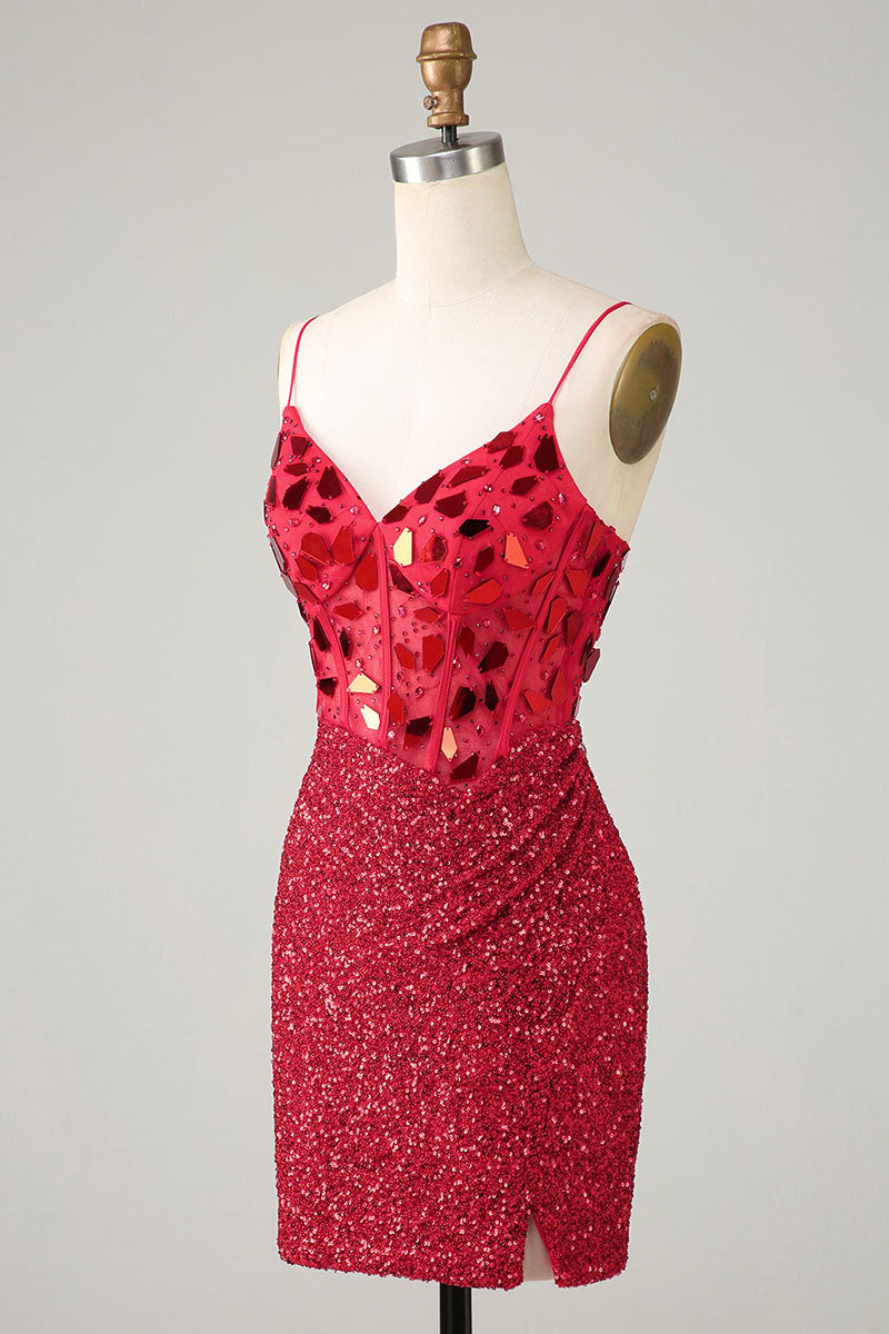 H5619 - V-Neck Spaghetti Straps Beaded Sequined Sheath Mini Homecoming Dress