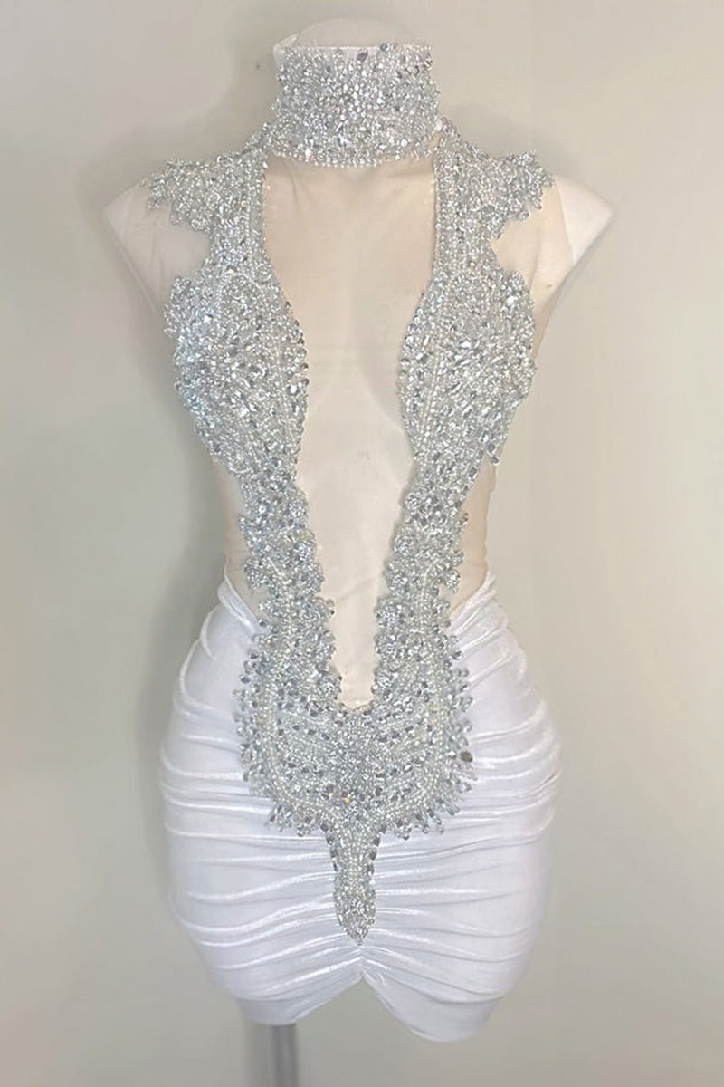 H5621 - High Neck Sequined Beaded Ruched Satin Sheath Mini Homecoming Dress