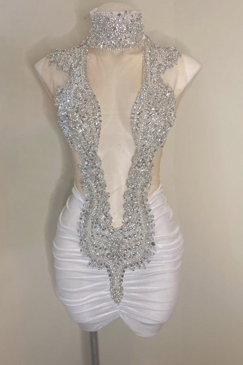 H5621 - High Neck Sequined Beaded Ruched Satin Sheath Mini Homecoming Dress