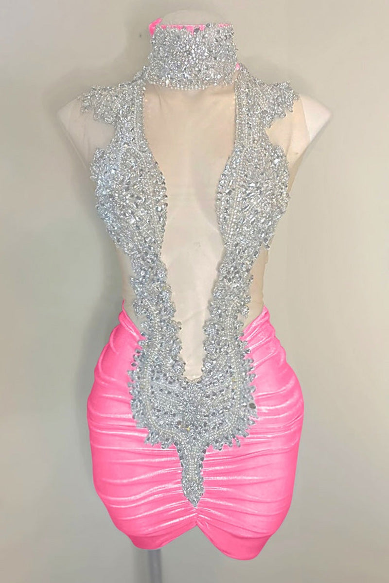 H5622 - High Neck Sequined Beaded Ruched Satin Sheath Mini Homecoming Dress
