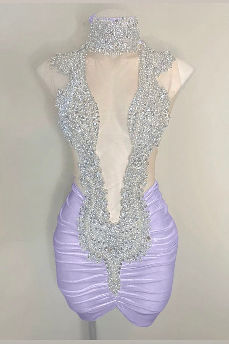 H5623 - High Neck Sequined Beaded Ruched Satin Sheath Mini Homecoming Dress