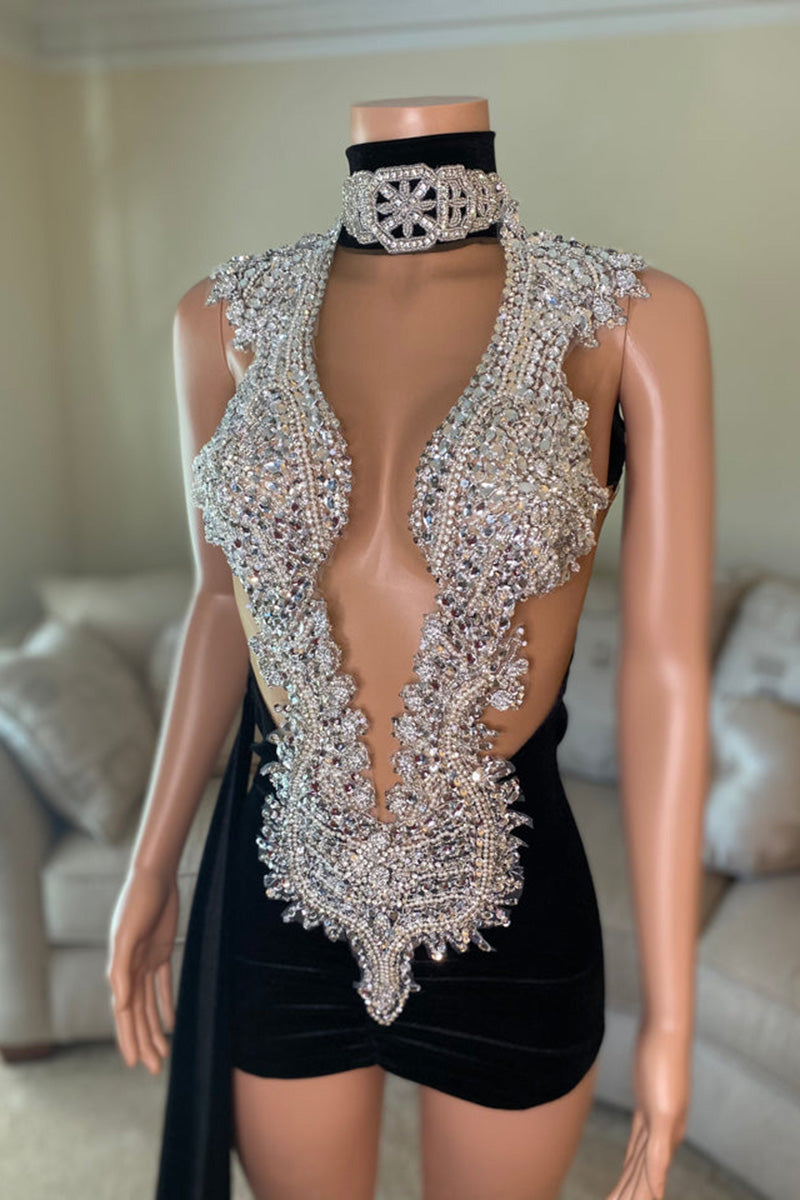 H5624 - High Neck Sequined Beaded Ruched Satin Sheath Mini Homecoming Dress