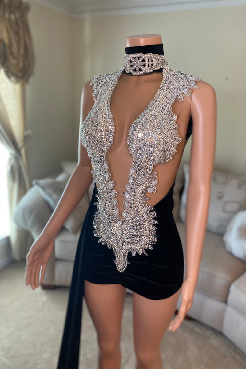 H5624 - High Neck Sequined Beaded Ruched Satin Sheath Mini Homecoming Dress