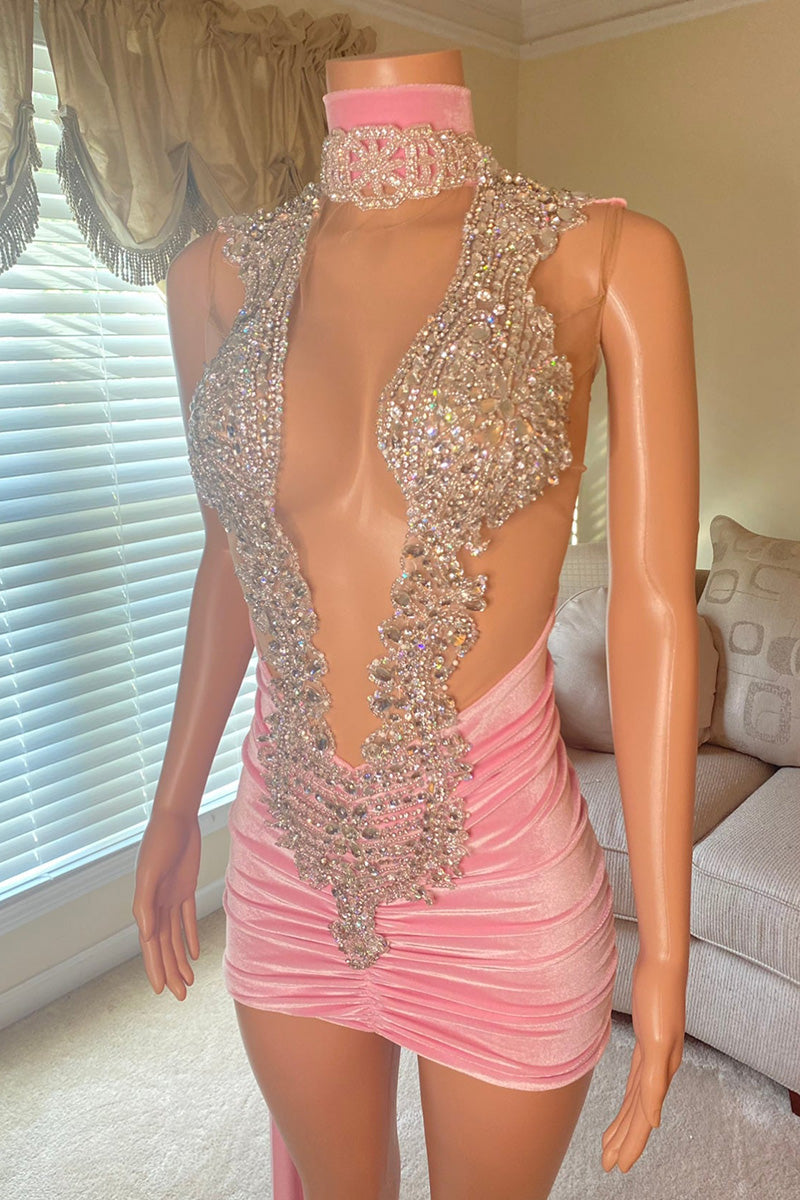 H5626 - High Neck Sequined Beaded Ruched Satin Sheath Mini Homecoming Dress