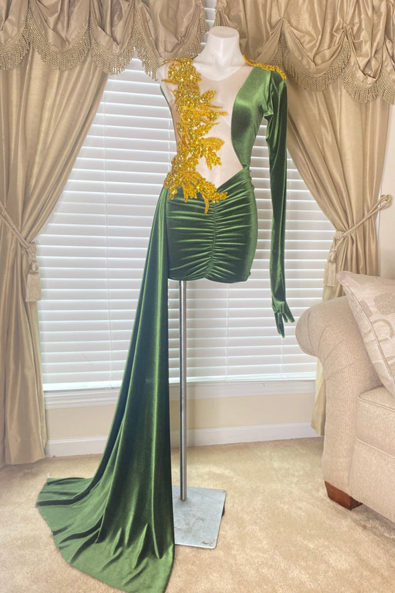 H5628 - One Shoulder Long Sleeves Beaded Velvet Sheath Mini Homecoming Dress