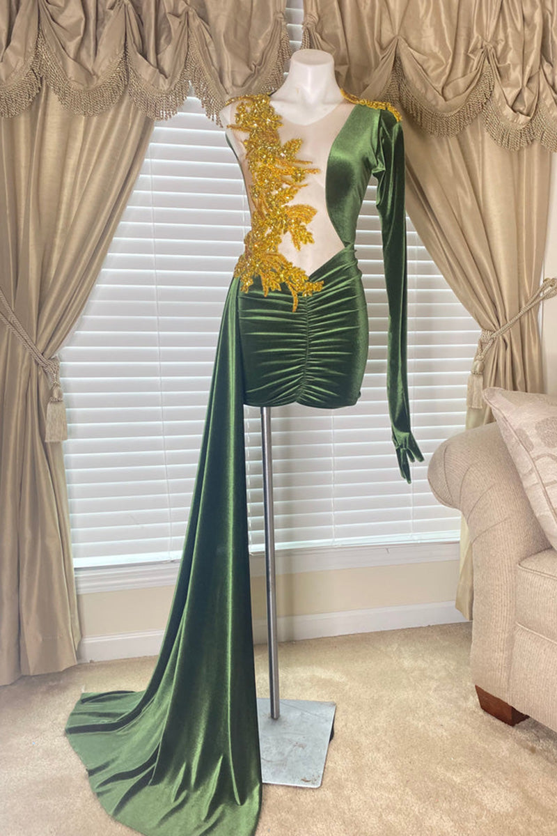 H5628 - One Shoulder Long Sleeves Beaded Velvet Sheath Mini Homecoming Dress