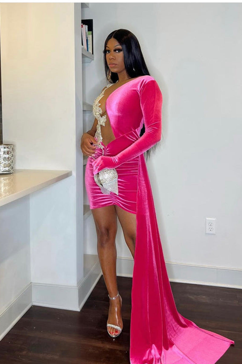 H5629 - One Shoulder Long Sleeves Beaded Velvet Sheath Mini Homecoming Dress