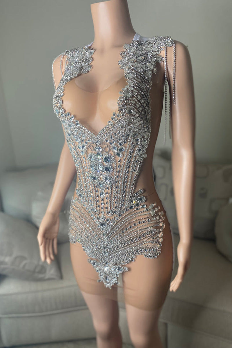 H5630 - V-Neck Sleeveless Beaded Cut Outs Sheer Tulle Sheath Mini Homecoming Dress