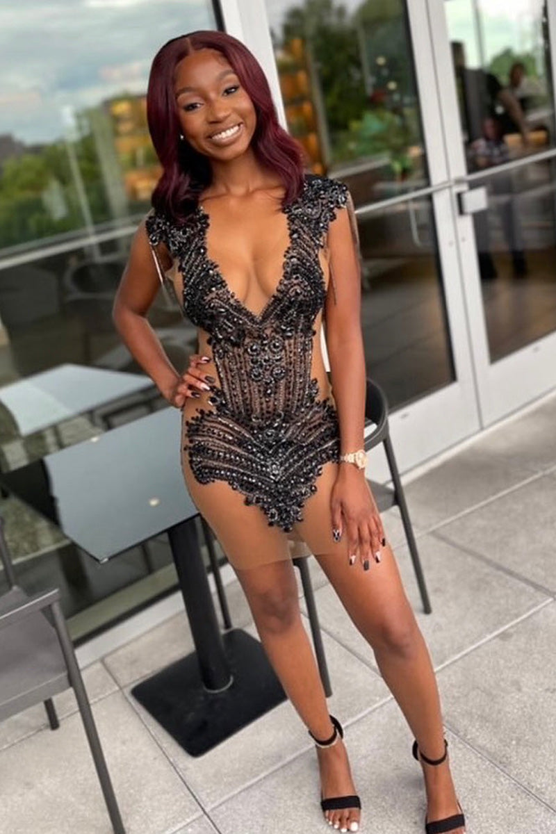 H5630 - V-Neck Sleeveless Beaded Cut Outs Sheer Tulle Sheath Mini Homecoming Dress