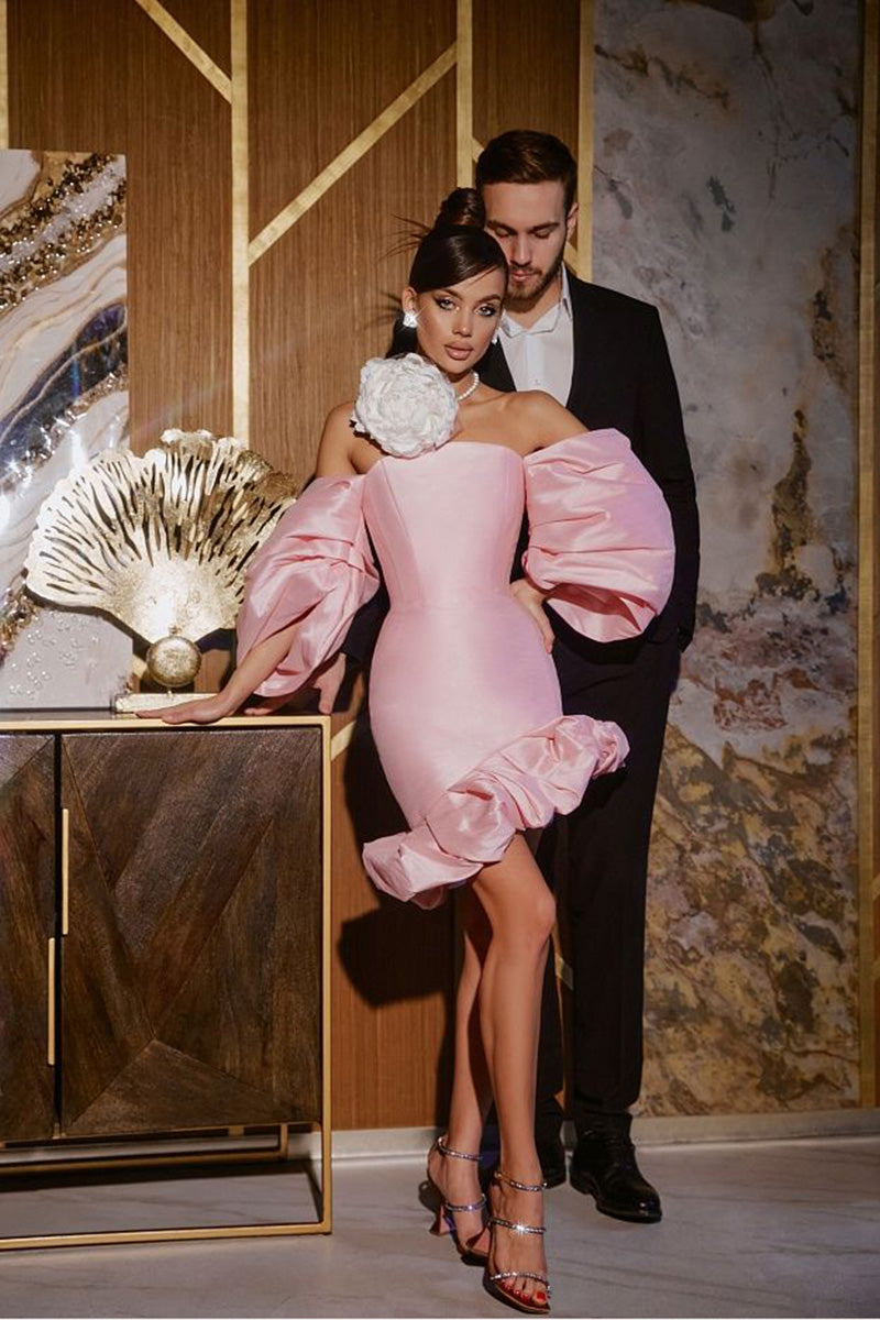 H5634 - Off-Shoulder Strapless Half Sleeves Satin Sheath Mini Homecoming Dress
