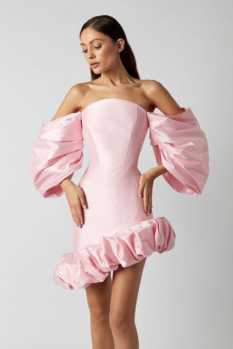 H5634 - Off-Shoulder Strapless Half Sleeves Satin Sheath Mini Homecoming Dress