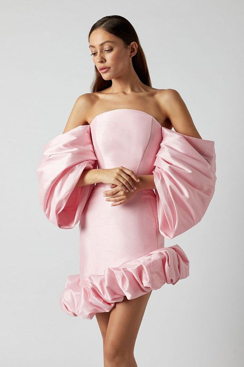 H5634 - Off-Shoulder Strapless Half Sleeves Satin Sheath Mini Homecoming Dress