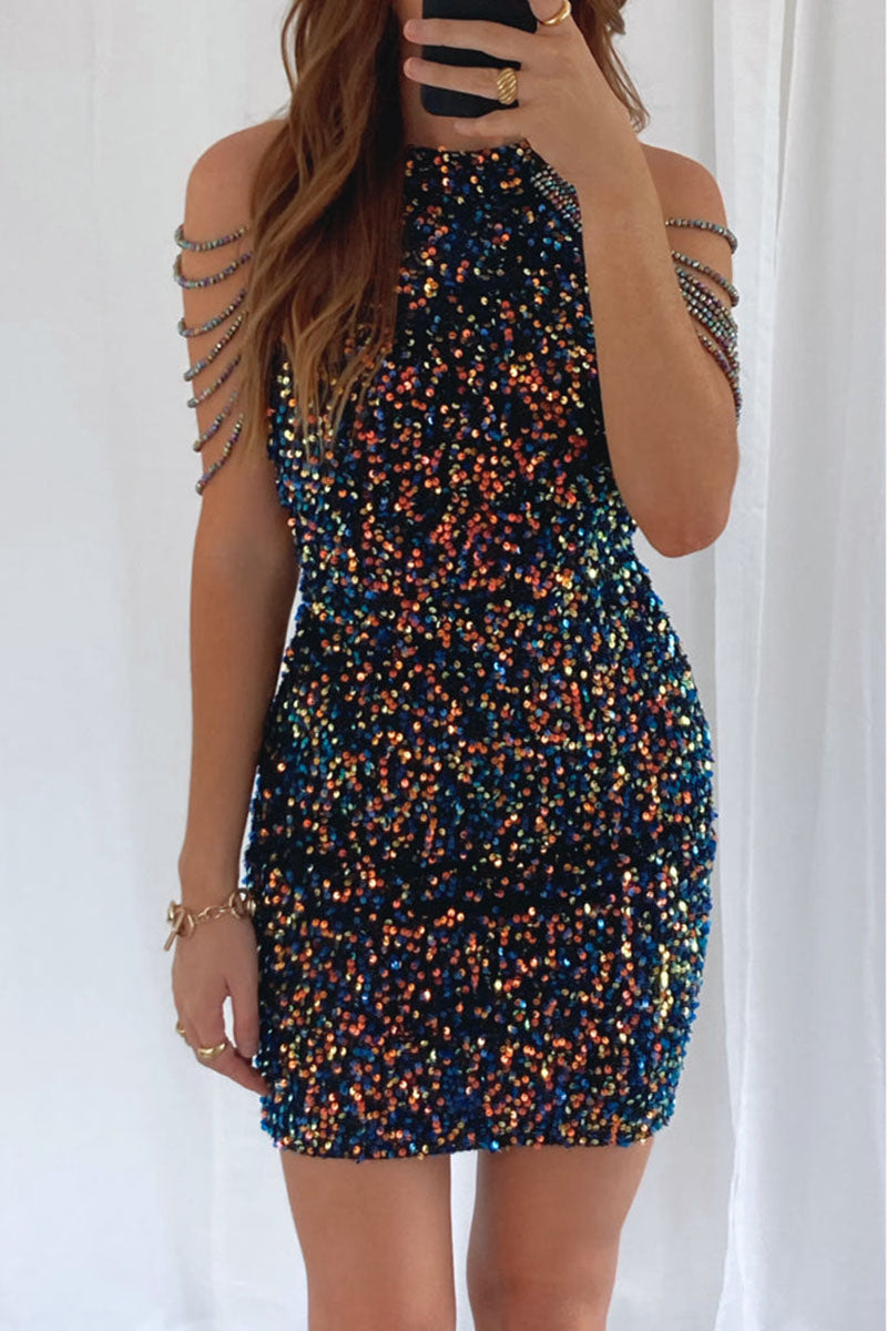 H5692 - High Neck Sleeveless Beaded Sequined Sheath Mini Homecoming Dress