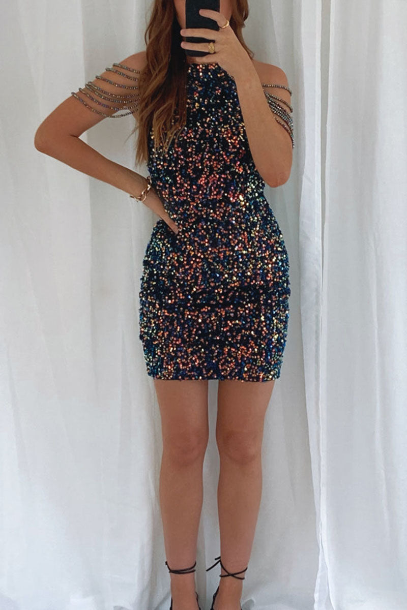 H5692 - High Neck Sleeveless Beaded Sequined Sheath Mini Homecoming Dress