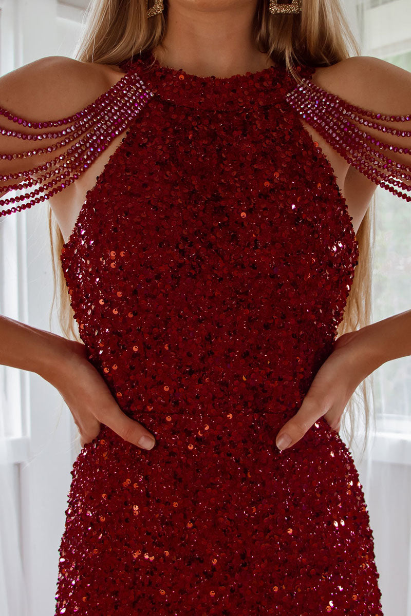 H5694 - High Neck Sleeveless Beaded Sequined Sheath Mini Homecoming Dress