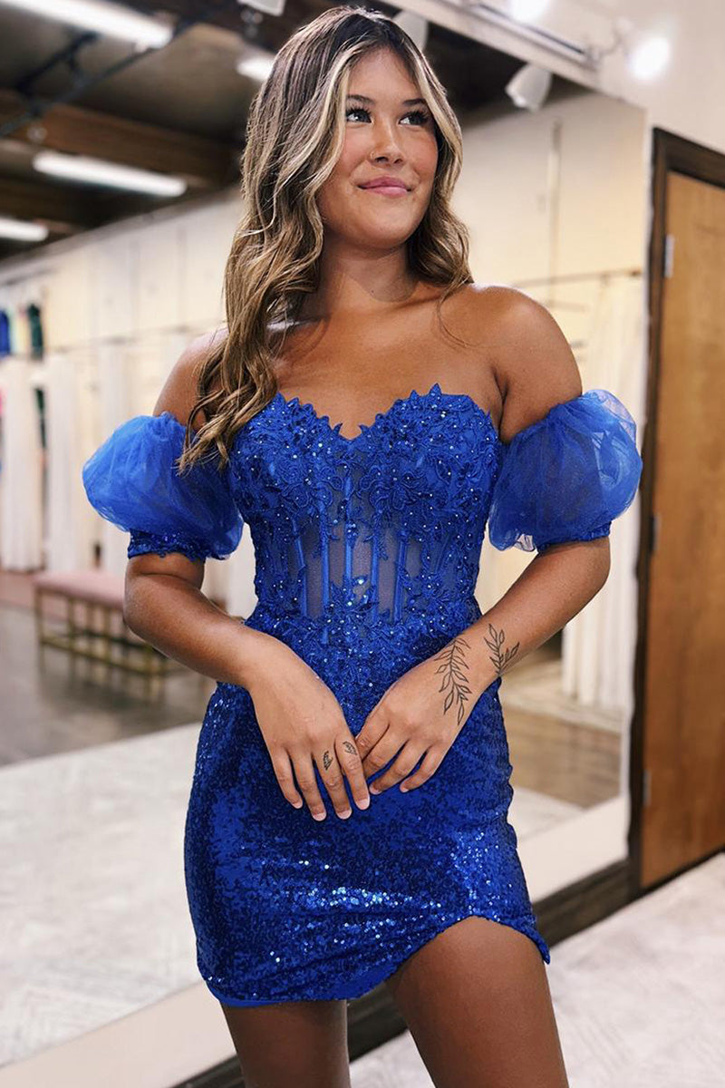 H5698 - Sweetheart Sequined Appliqued Sheer Tulle Sheath Mini Homecoming Dress