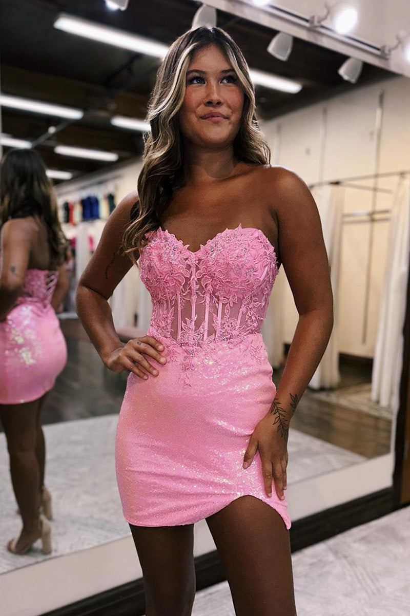 H5698 - Sweetheart Sequined Appliqued Sheer Tulle Sheath Mini Homecoming Dress