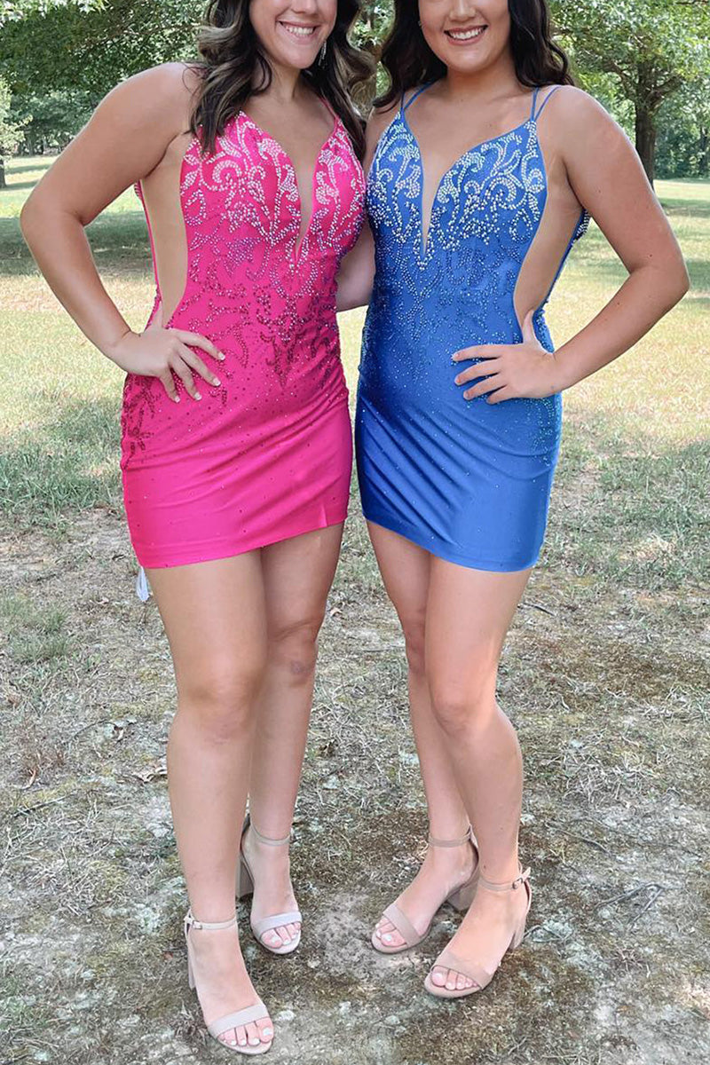 H5699 - V-Neck Spaghetti Straps Beaded Satin Sheath Mini Homecoming Dress