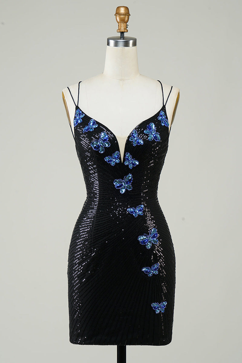 H5703 - V-Neck Spaghetti Straps Beaded Sequined Sheath Mini Homecoming Dress