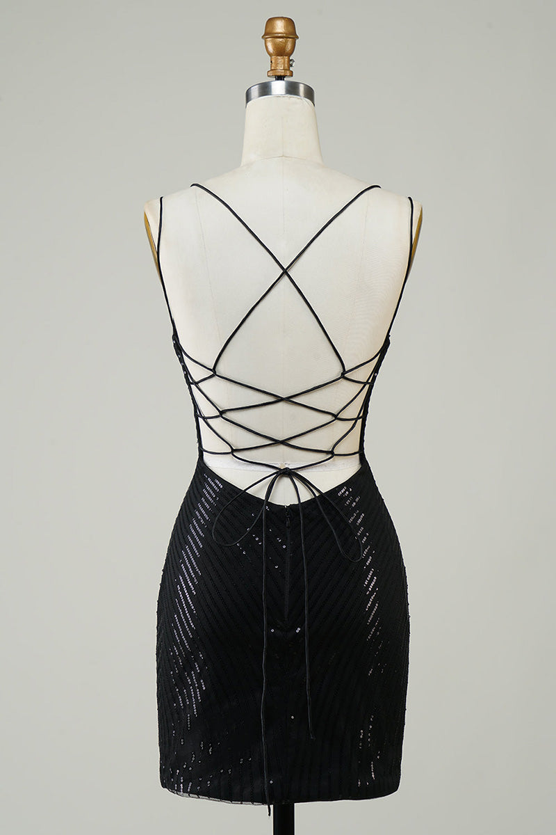 H5703 - V-Neck Spaghetti Straps Beaded Sequined Sheath Mini Homecoming Dress