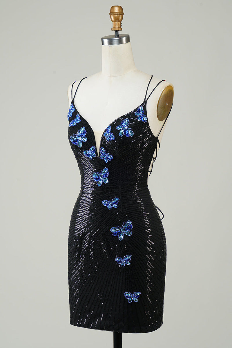 H5703 - V-Neck Spaghetti Straps Beaded Sequined Sheath Mini Homecoming Dress