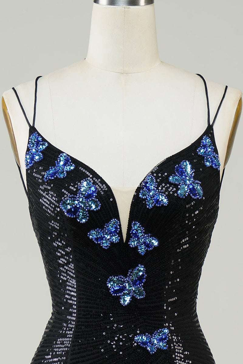 H5703 - V-Neck Spaghetti Straps Beaded Sequined Sheath Mini Homecoming Dress