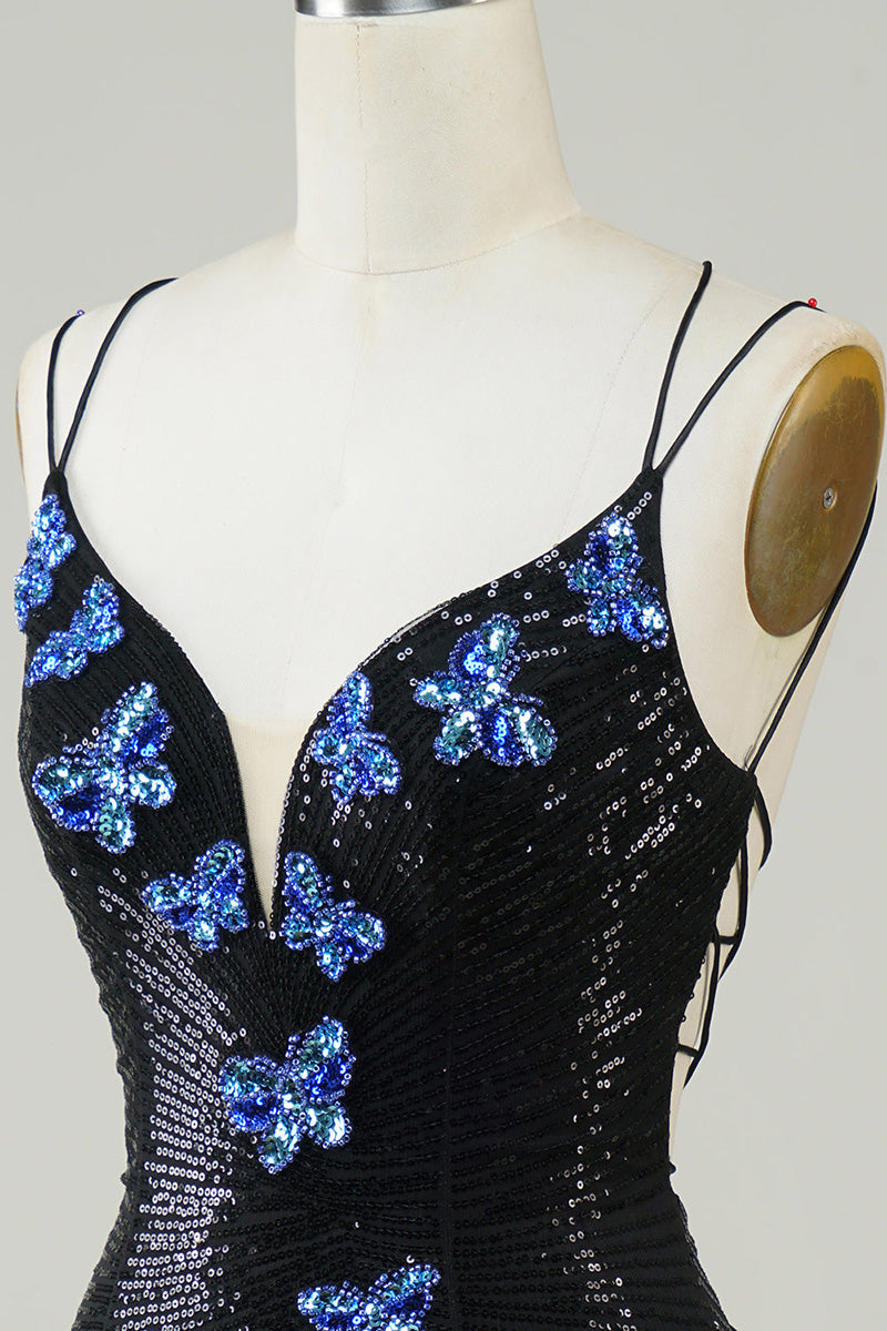 H5703 - V-Neck Spaghetti Straps Beaded Sequined Sheath Mini Homecoming Dress