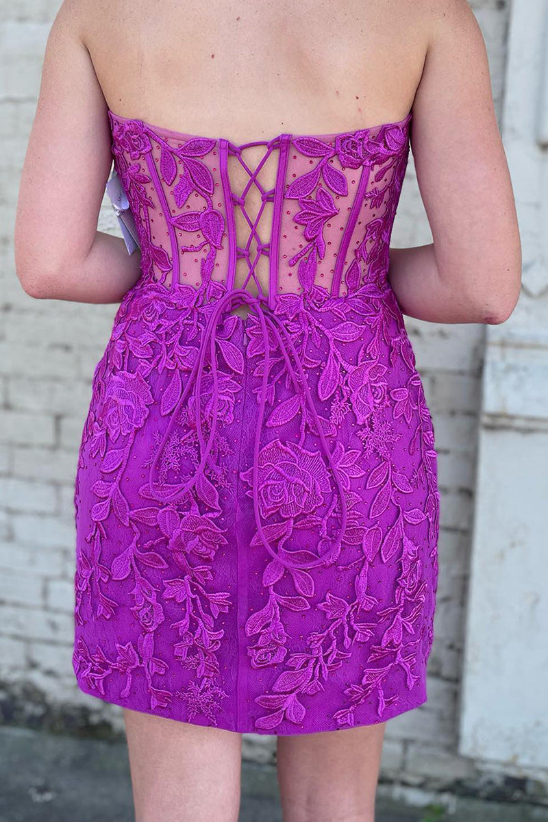 H5705 - Sweetheart Strapless Appliqued Sheer Tulle Sheath Mini Homecoming Dress