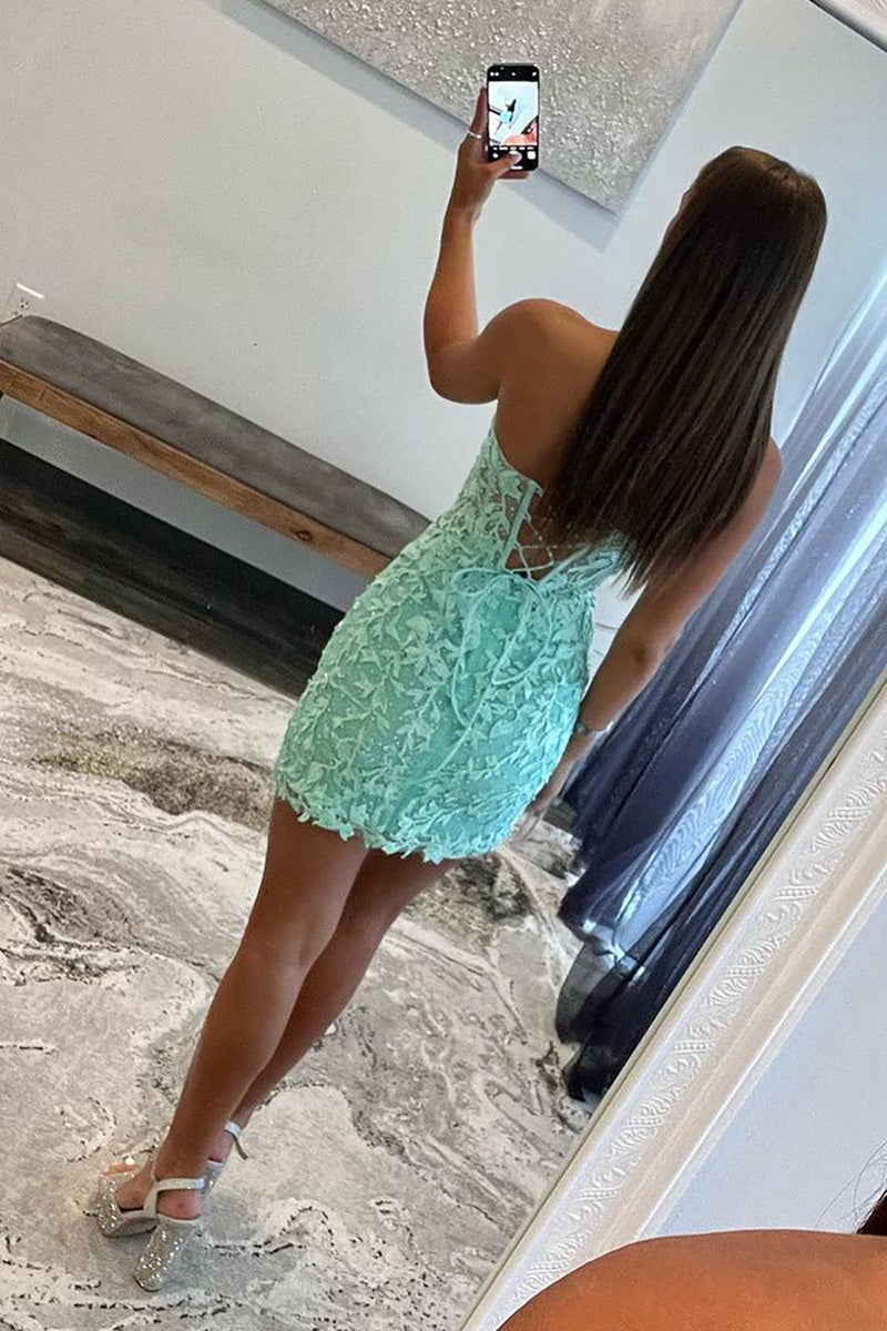 H5705 - Sweetheart Strapless Appliqued Sheer Tulle Sheath Mini Homecoming Dress