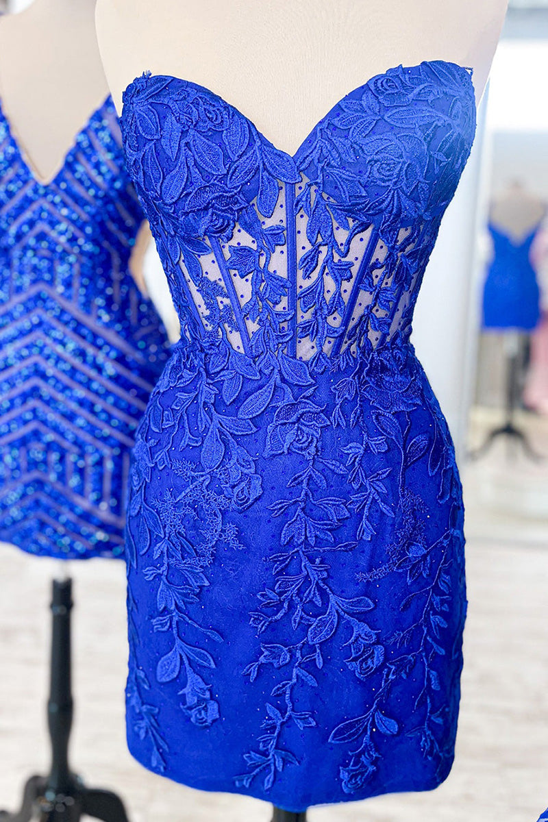 H5705 - Sweetheart Strapless Appliqued Sheer Tulle Sheath Mini Homecoming Dress
