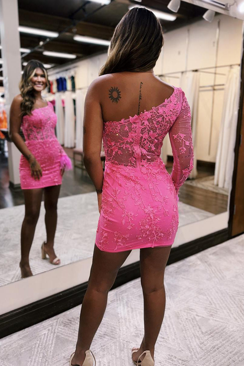 H5716 - One Shoulder Long Sleeves Sheer Lace Appliqued Sheath Mini Homecoming Dress