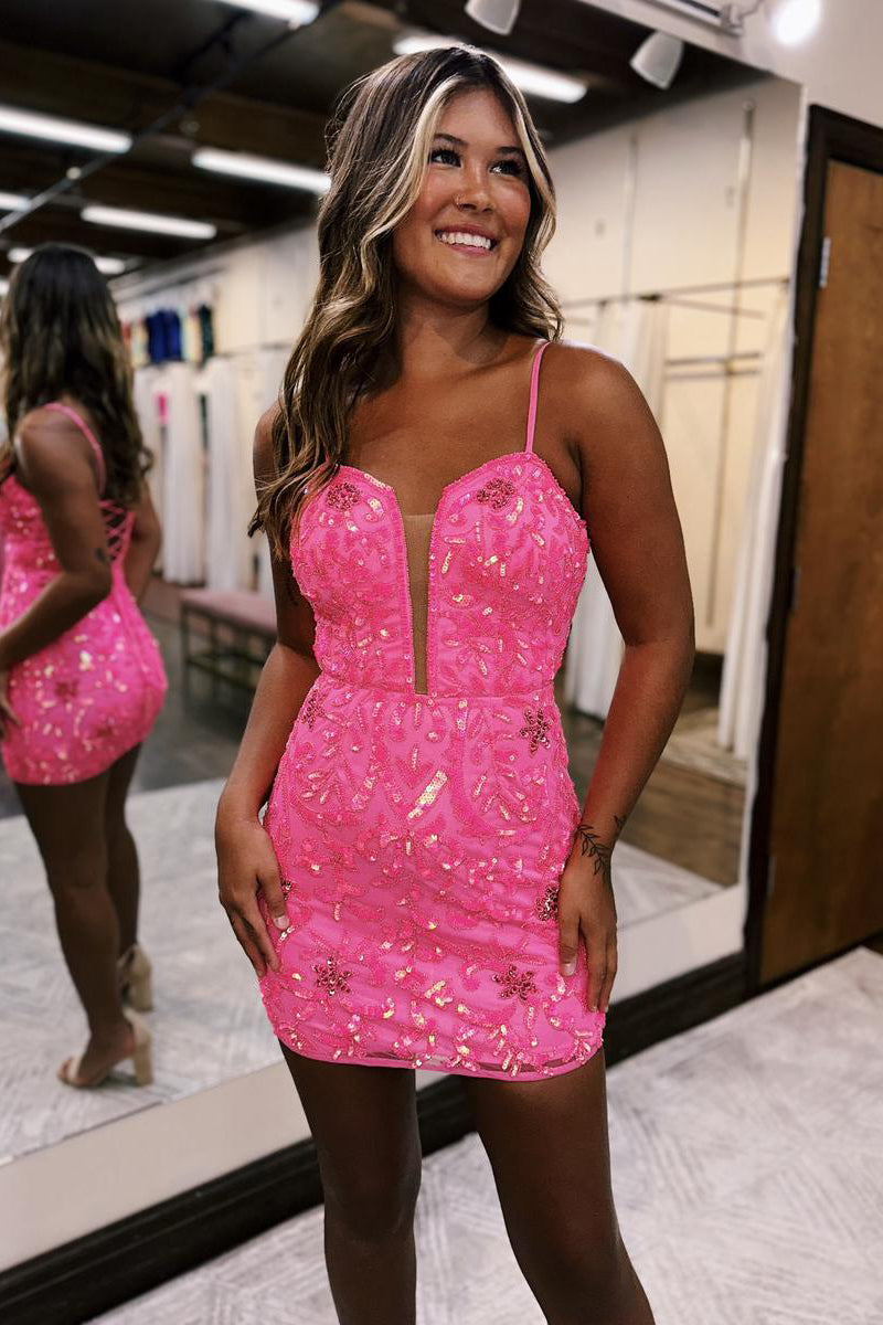 H5719 - Low V-Neck Spaghetti Straps Beaded Sequined Sheath Mini Homecoming Dress