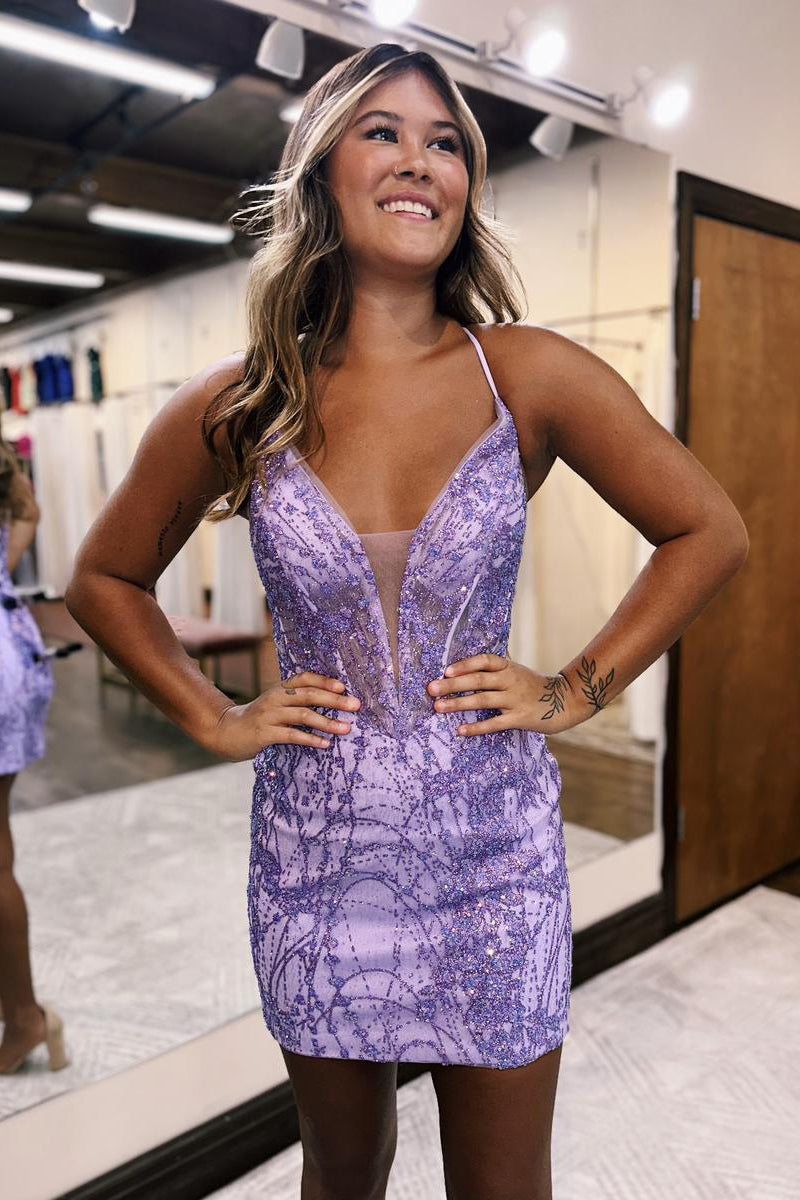 H5726 - Low V-Neck Spaghetti Straps Beaded Sequined Sheath Mini Homecoming Dress