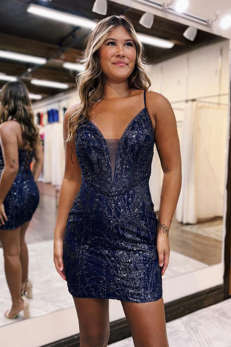 H5726 - Low V-Neck Spaghetti Straps Beaded Sequined Sheath Mini Homecoming Dress
