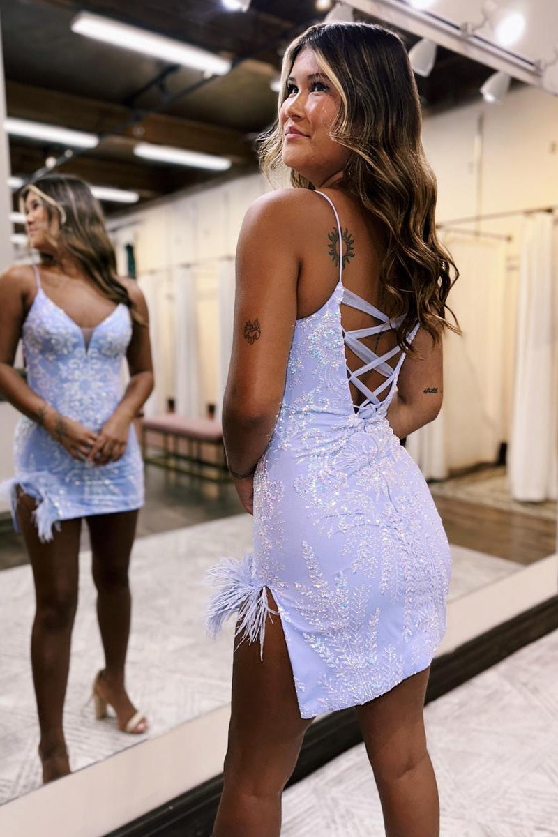 H5727 - V-Neck Spaghetti Straps Sequined Feather Satin Sheath Mini Homecoming Dress