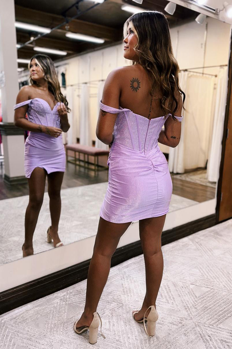 H5731 - Sweetheart Off-Shoulder Beaded Ruched Velvet Sheath Mini Homecoming Dress