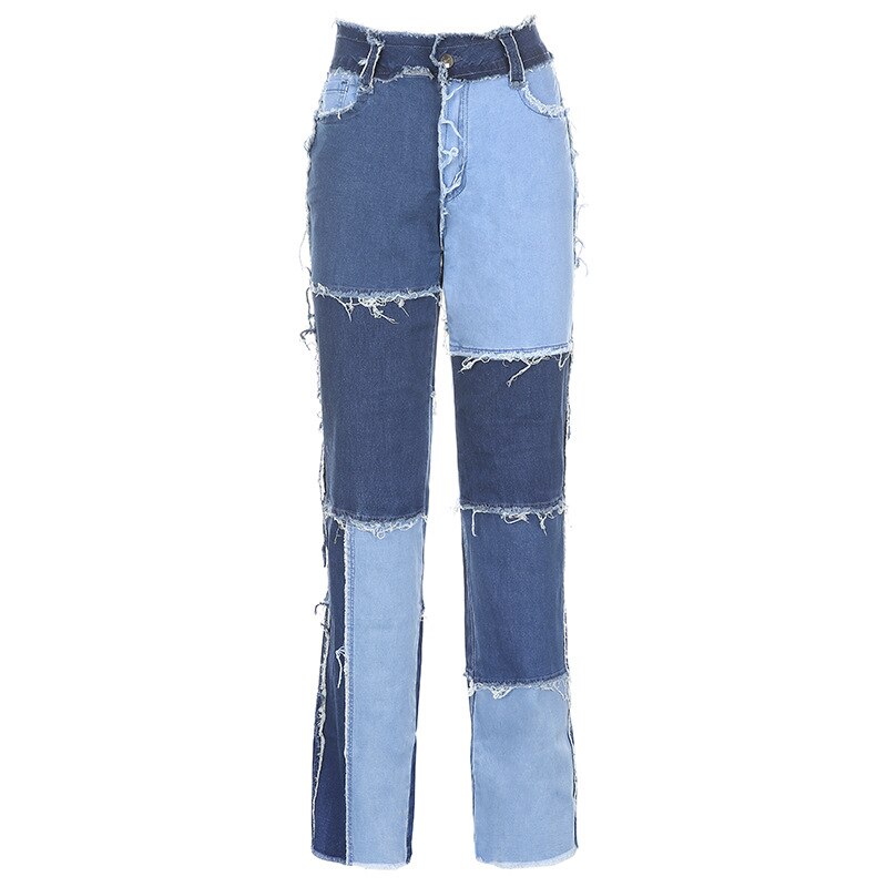 Mojoyce Patchwork Women's Jeans Bicolor Straight Leg Casual Long Pants High Waist Denim Jeans Y2K Fashion Pencil Trousers XXL