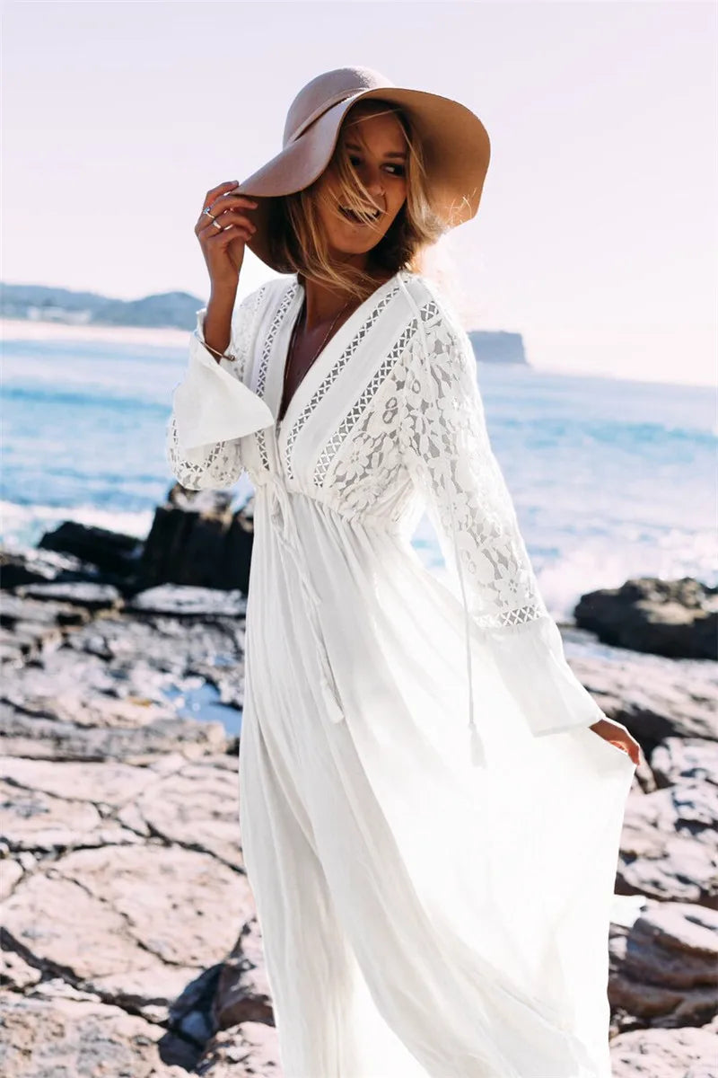 Deep V-Neck Tassel Tie Lace Trim Bell Sleeve Empire Waist Maxi Dress