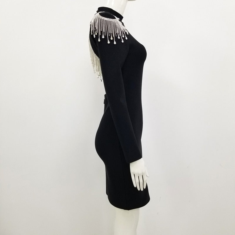 Mock Neck Long Sleeve Backless Rhinestone Fringe Bandage Mini Dress