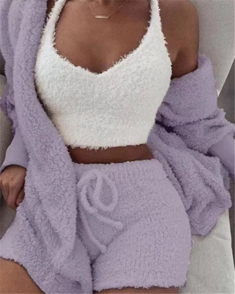 Fluffy Knit V-Neck Crop Cami Drawstring Shorts and Cardigan Three Piece Lounge Set 10