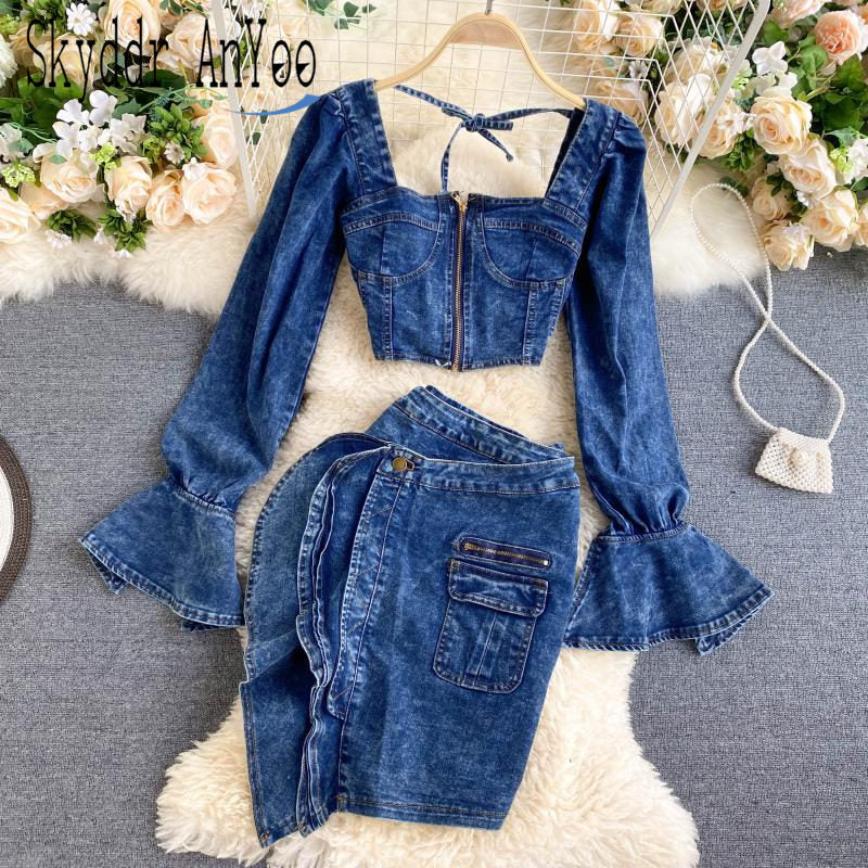KittenAlarm - Trends high quality Spring Autumn Two Piece Set Women Sexy Jeans 2 Two Piece Set Long Sleeve Crop Tops And Bodycon Short Denim Skirt Suits for Woman