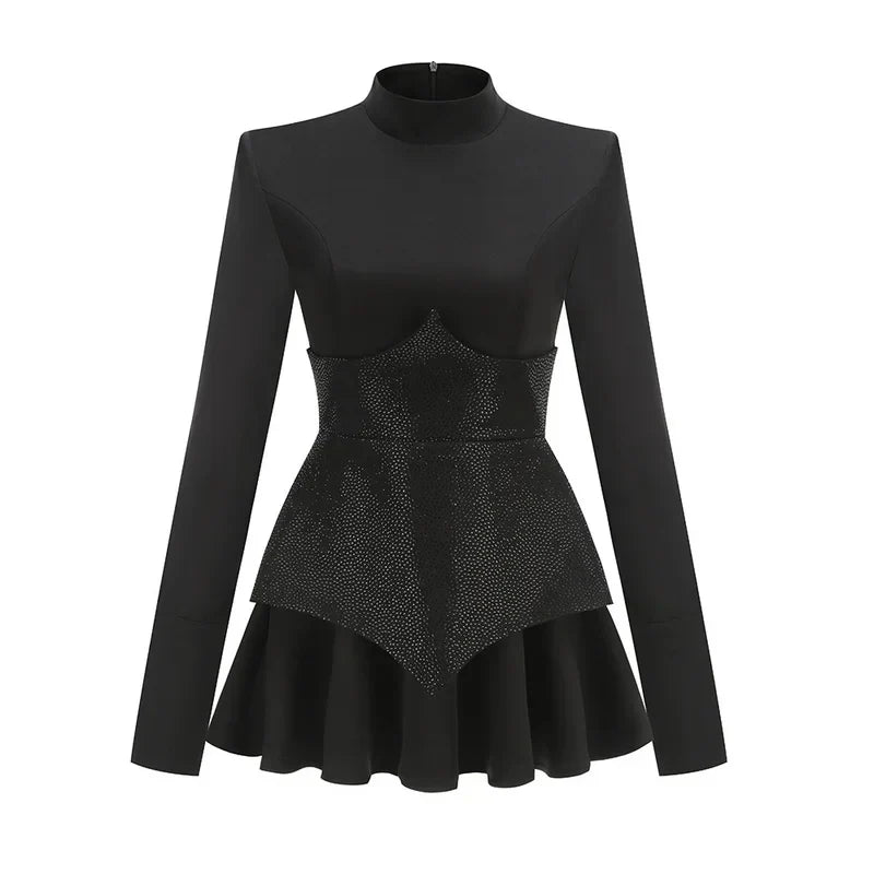 Long Sleeve High Neck Rhinestone Corset Ruffle Mini Dress