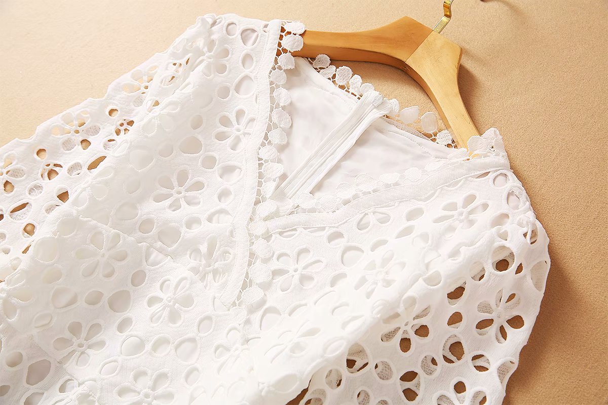 Elegant V-neck cutout crochet Midi Dress