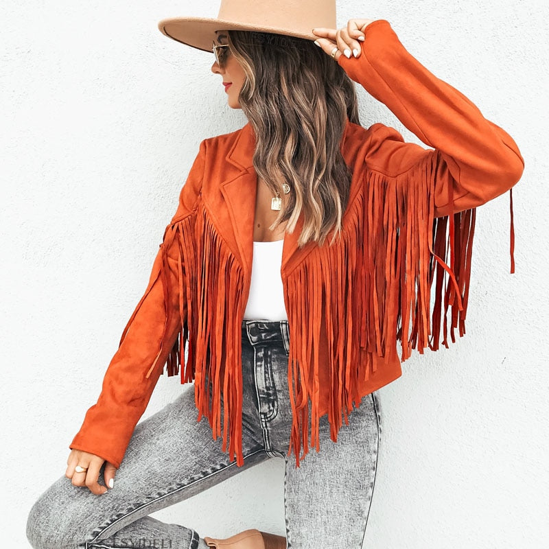 Fringe Lapel Cropped Suede Jacket