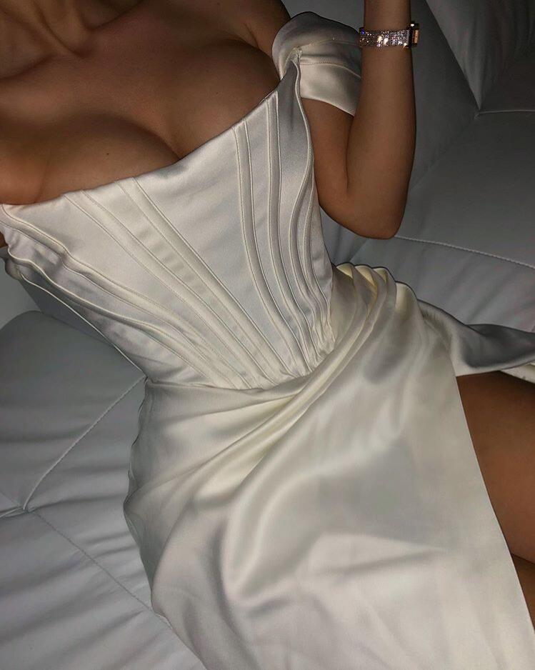Satin Off Shoulder Sweetheart Corset High Split Bodycon Mini Dress