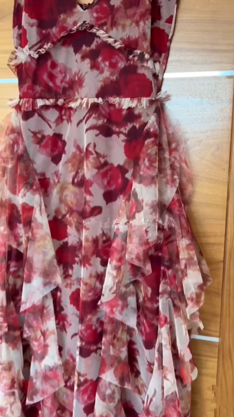 Unique Tulle Chiffon Rose Floral Print Ruffles Party Evening Dress A Line Prom Dress cc1432